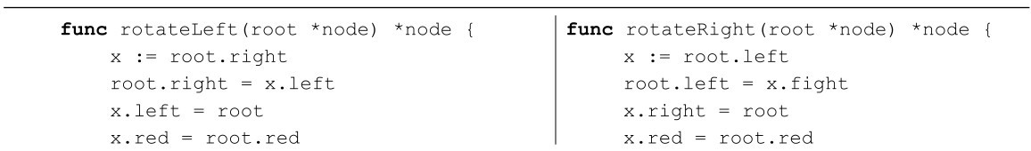 func rotateLeft(root *node) *node {x := root.right root.right = x.left x.left = root x.red = root.red func rotateRight(root *node) *node {x := root.left root.left = x.fight x.right = root x.red = root.red