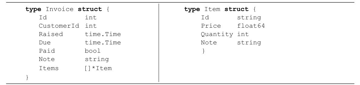 type Invoice struct { type Item struct {Id int Id string CustomerId int Price float64 Raised time.Time Quantity int Due time.Time Note string Paid bool }Items Note []*Item string}